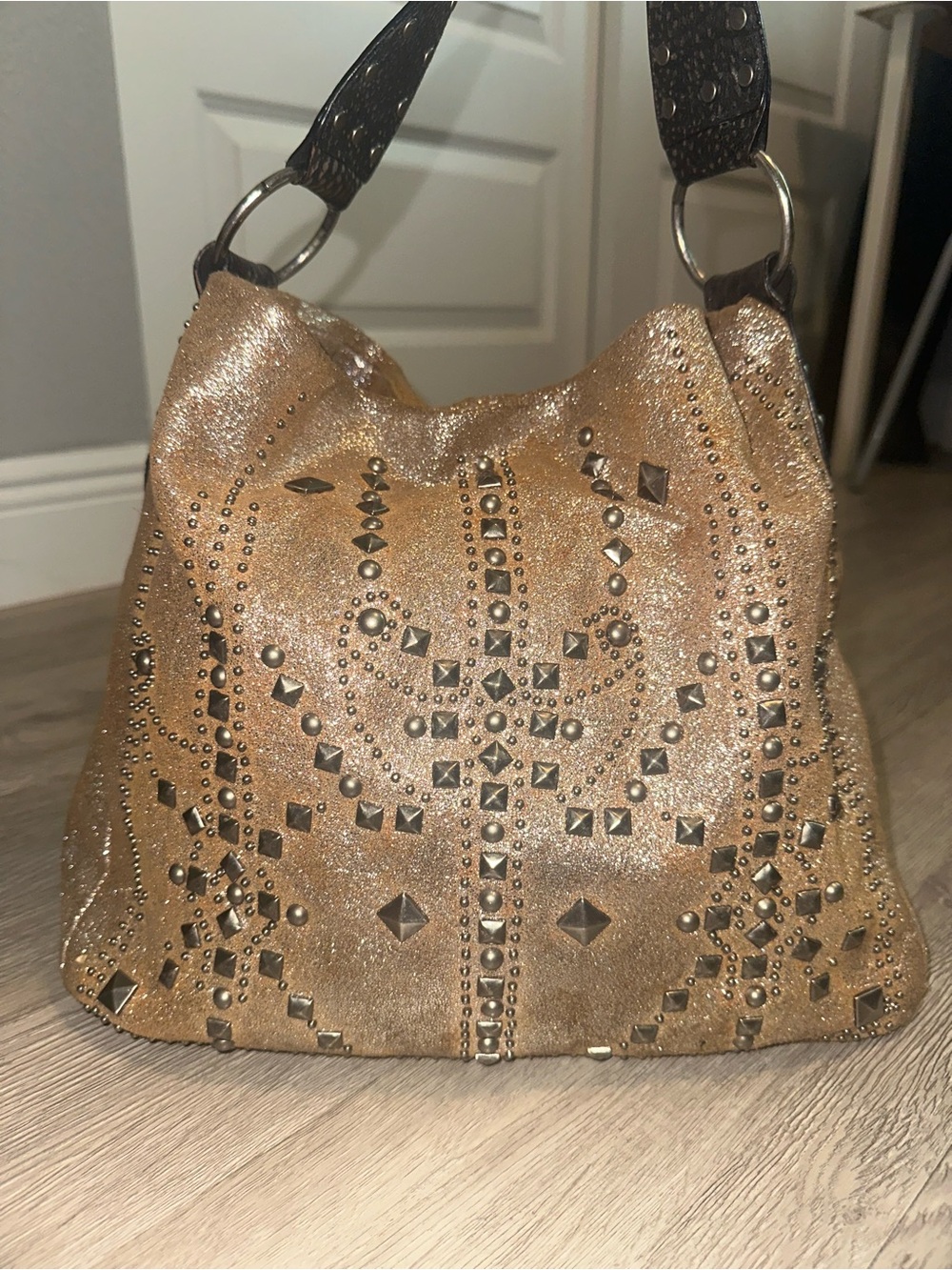 Betsey Johnson Rose Gold Metallic Studded Leather Hobo Shoulder Tote Bag